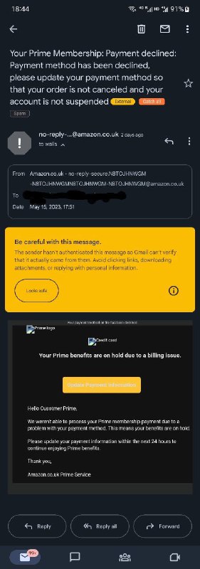 最近骗子很猖狂啊，开始伪造亚马逊的邮件了，连域名都是真的，大家注意防范仔细看一下，邮件中的 Customer 都拼错了 😂via Danielbility🗒 标签: #诈骗📢 频道: @GodlyNews1🤖 投稿: @Godlynewsbot