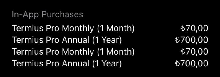 Termius 土区App Store已从TRY 239.99 涨至 TRY 700，微软商店仍为TRY 85/年，两者相差188.5人民币
