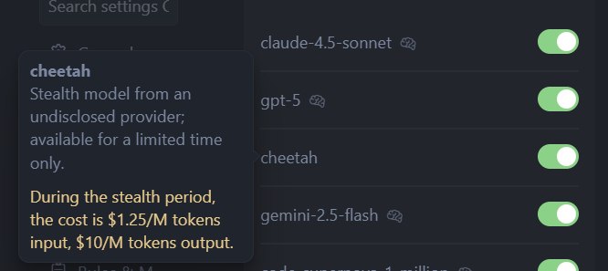 Cursor新增测试隐形模型“Cheetah”（猎豹）Cheetah定价策略与Gemini 2.5 Pro/GPT-5一致，Cursor社区论坛推测可能是Grok Code Fast 2