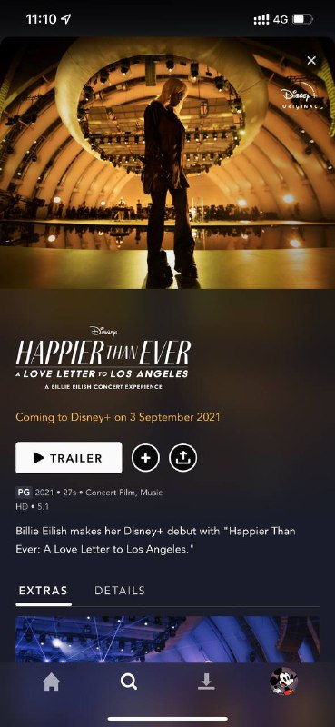 #DisneyDisneyPlus: Something special for you 👀Billie Eilish 的HAPPIER THAN EVER 将在9月3日于Disney+播出，目测无需购买Premier Access频道: @GodlyNews1