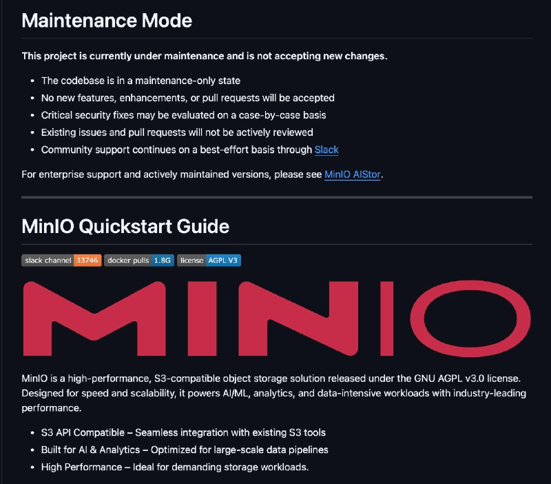 58.9K 🌟 S3网盘存储项目MinIO进入维护状态本项目目前处于维护状态，不接受新的变更