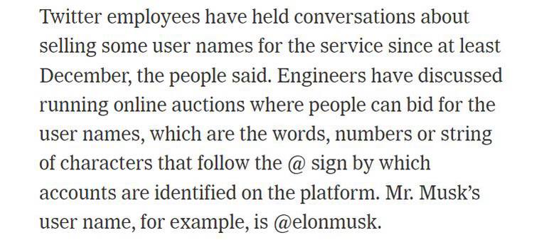 纽约时报一月份的报道：Twitter表示将考虑出售用户名以增加收入这些知情人士说，至少从去年12月开始，Twitter员工就一直在讨论出售部分用户名的问题