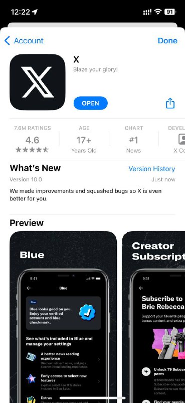 推特 iOS 商店中已显示为「X」，直接搜 X 也能搜到了via L k此前，爆料称 AppStore 命名至少需要2个字母🗒 标签: #X #Twitter📢 频道: @GodlyNews1🤖 投稿: @GodlyNewsBot