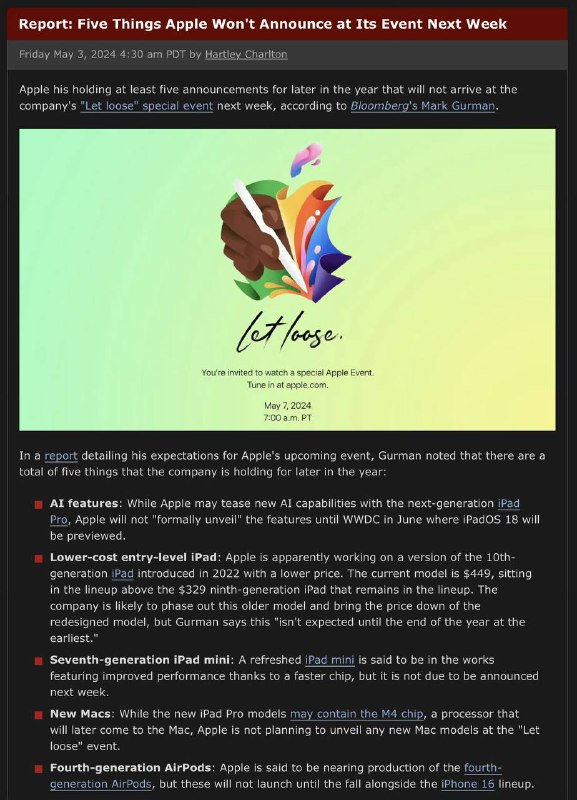 彭博记者：苹果不会在 iPad 发布会上发布的5样产品：1）AI，2）入门版 iPad，3）iPad mini 7，4）Mac，5）AirPods 4代
