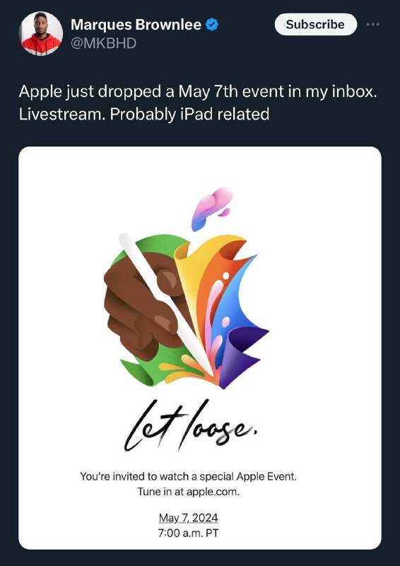 苹果发送邮件表示5月7日有一场直播，可能会发布新iPad🗒 标签: #Apple📢 频道: @GodlyNews1🤖 投稿: @GodlyNewsBot