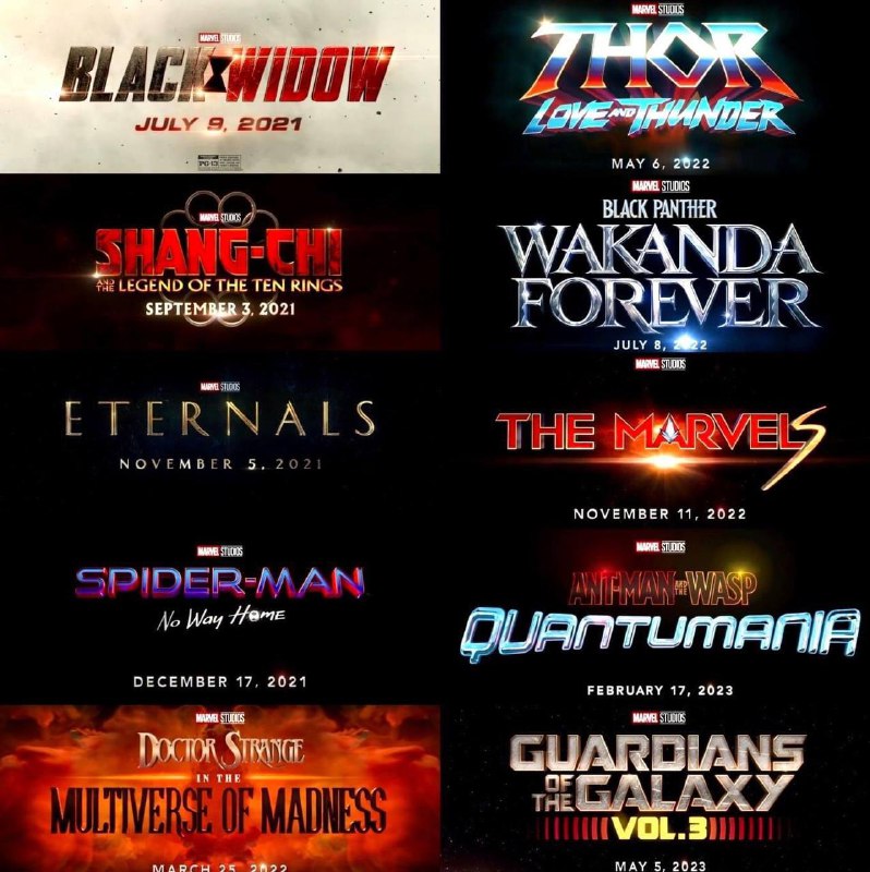#Disney #Marvel Marvel 官方发布， MCU第四阶段预告片，10部影片All in one. • Black Widow (2021)上映日期: Jul 09, 2021 • Shang-Chi And The Legend Of The Ten Rings (2021)上映日期: Sep 03, 2021 • Eternals (2021)上映日期: Nov 05, 2021 • Spider-Man: No Way Home (2021)上映日期: Dec 17, 2021 • Doctor Strange In The Multiverse Of Madness (2022)上映日期: Mar 25, 2022 • Thor: Love And Thunder (2022)上映日期: May 06, 2022 • Black Panther: Wakanda Forever/Black Panther 2上映日期: Jul 08, 2022 • The Marvels/Captain Marvel 2 (2022)上映日期: Nov 11, 2022 • Ant-Man And The Wasp: Quantumania (2023)上映日期: Feb 17, 2023 • Guardians of the Galaxy Vol. 3(2023) • 上映日期: May, 2023频道:  @GodlyNews1
