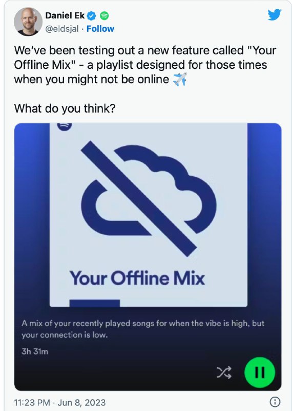 Spotify 表示正在测试“离线Mix”，以应对网络连接不稳定的情况Spotify正在测试一项新功能，当您远离互联网连接时，该功能让你可以更轻松地继续收听