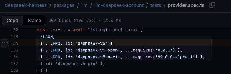 DeepSeek v5、v5-open，v5-next现身deepseek-harness 仓库🔗 GitHub🗒 标签: #DeepSeek #AI📢 频道: @GodlyNews1🤖 投稿: @GodlyNewsBot