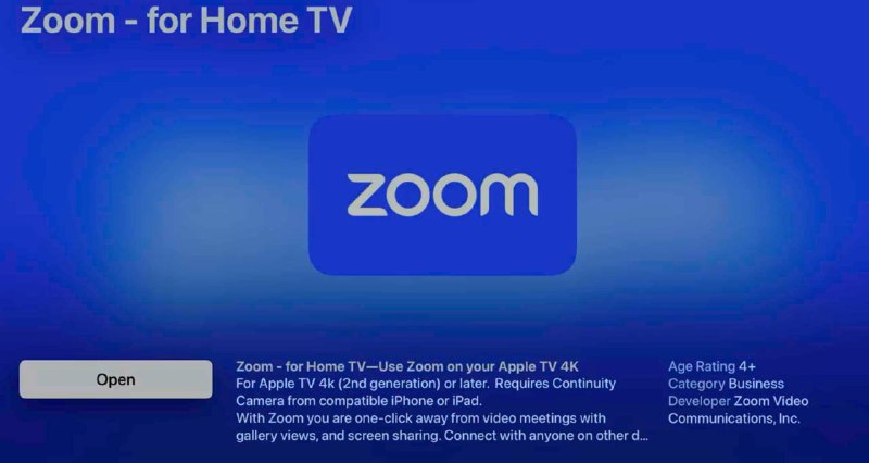 Zoom登陆 Apple TV 4K，现在你可以在电视上开会了应用介绍称：需要第二代或更新型号的 Apple TV 4K 才能运行，并且依赖于 iPhone 和 iPad 的 Continuity Camera 功能
