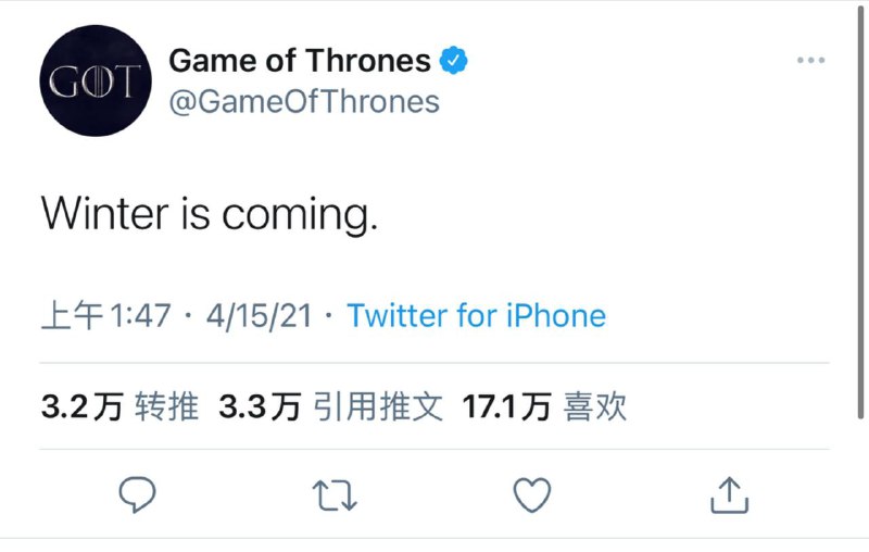 Winter is coming.经历了百万人请愿后，权利的游戏第八季或有希望重拍.另外，权游系列已在HBO Max上线.