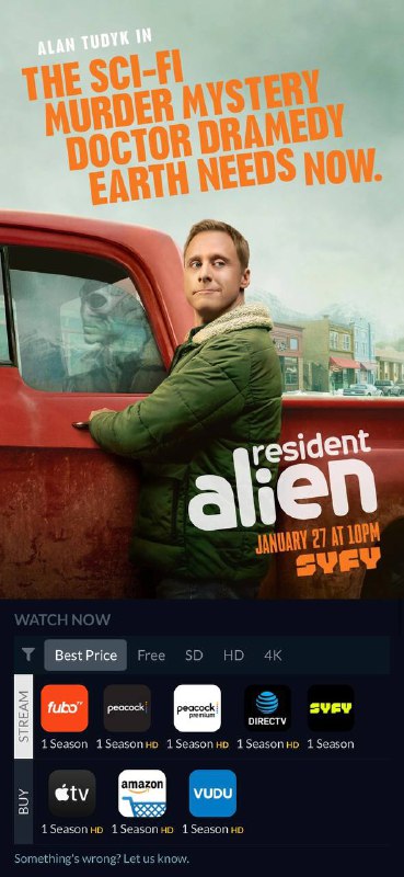推荐一部来自 syfy 台的爆款剧— Resident Alien 《外星居民》烂番茄🍅93% 🍿️90%Peacock没会员也能免费看哦，不过会有30s的广告.