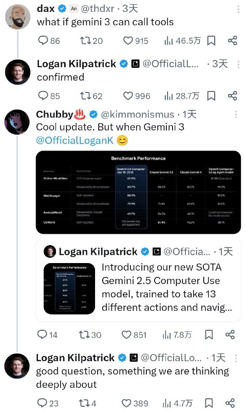 Google产品负责人在X回复网友关于Gemini 3的问题Google AI Studio和Gemini API产品负责人近日在X回复网友关于Gemini 3的问题，关于Gemini 3是否支持工具调用，他确认支持
