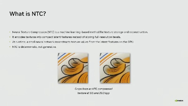 英伟达称，其AI技术能在不牺牲画质的前提下将游戏显存使用减少约 85%“神经纹理压缩”演示显示，在占用 6.5GB 显存与 970MB 显存时的视觉效果几乎无异随着游戏变得愈发复杂和逼真，该行业越来越依赖图像放大技术来满足不断增长的硬件需求