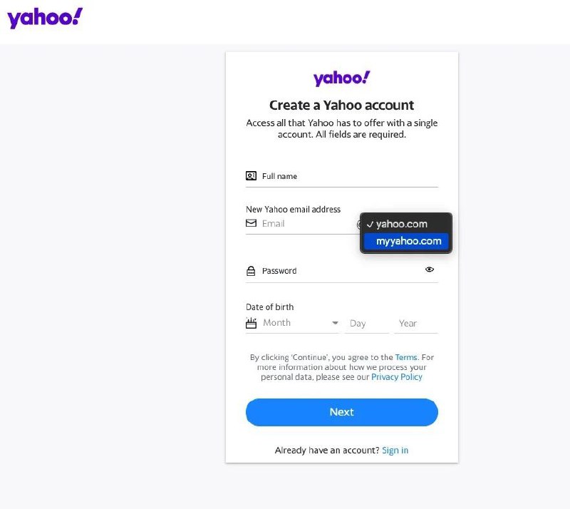 Yahoo Mail 推出 1000GB 免费 @myyahoo 新网域1：申请 @Myyahoo.com 电邮，先选择 Sign up 的 Create a Yahoo Account，在新电邮的域名选择设定为 myyahoo.com 