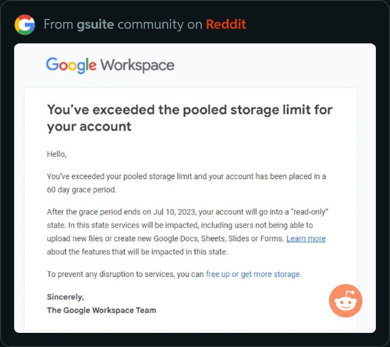 Google Workspace 开始寄信给超过容量的使用者并给予缓冲时间删除档案或付费升级容量超过宽限期后，账户将进入