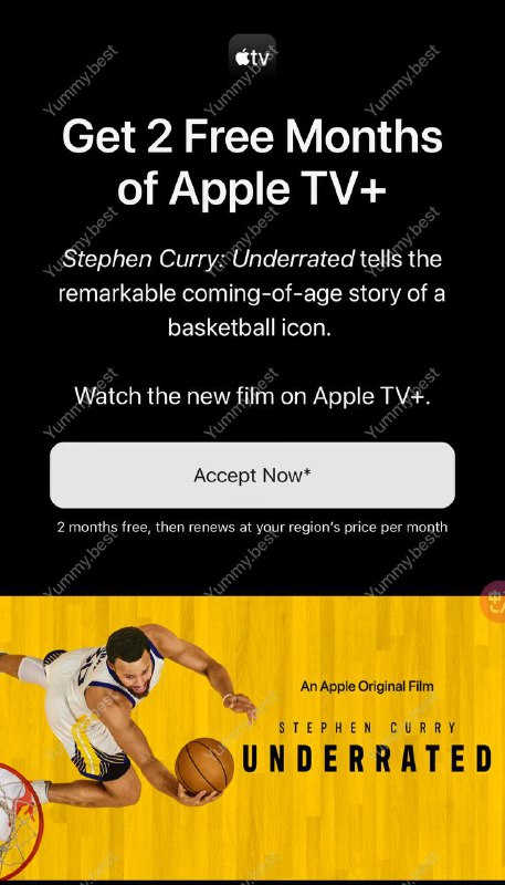 库里送Apple TV+了，可以领取两个月 领取链接 （美区不可用， 可用地区截图 ）另一个活动支持美区领取，也是两个虚月 领取链接🗒 标签: #Apple 📢 频道: @GodlyNews1🤖 投稿: @GodlyNewsBot