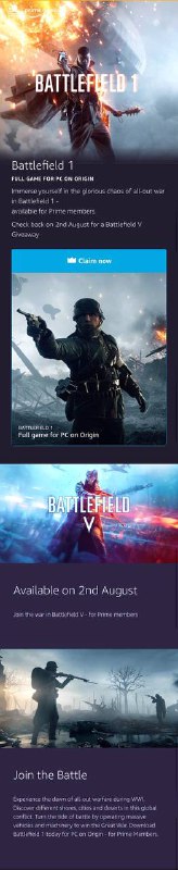#Amazon #战地战地一：7月21日-8月2日战地五：8月2日-10月1日两款游戏的兑换码都是标准版，兑换码可在2021年8月20日之前在Origin上进行兑换发放对象: 所有Prime Gaming用户🎮 领取地址一点点建议:  开通土耳其Amazon Premie，附带的Gaming领游戏，挂澳洲ip看PV，完美！如果想纯白嫖的:1. 可创建新帐户免费试用一个月(记得取消续费)2. 自行前往淘宝购买EDU邮箱，注册绑卡后可免费获得半年的美亚会员，其中也包括Gaming权益