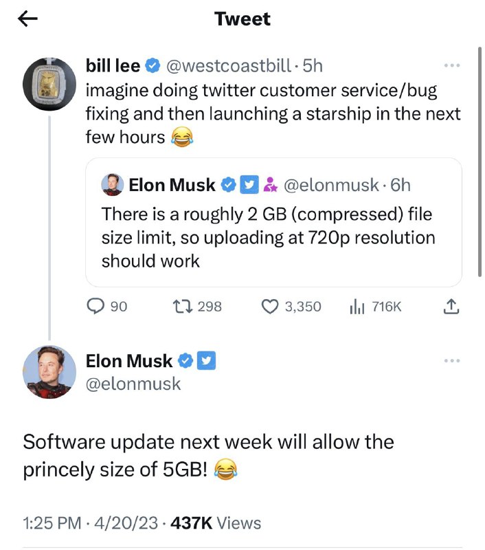 Twitter Blue 用户上传视频的容量大小将在下周从 2GB 提升至 5GB不过目前，iOS 仍不支持加粗和斜体，只有桌面端可以