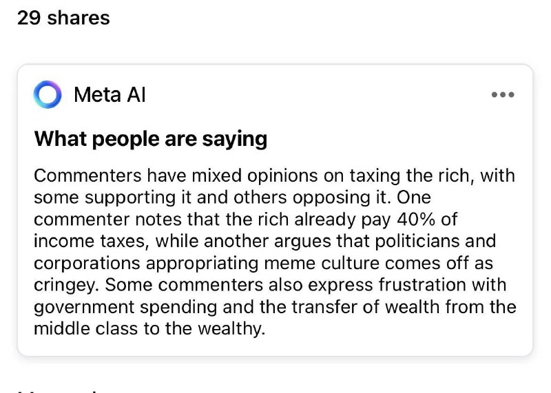 Meta 的AI 正在总结 Facebook 的评论区如果你最近用过 Facebook 应用，你可能会看到 Meta 的 AI 在评论区插了一脚，给大家的评论做总结