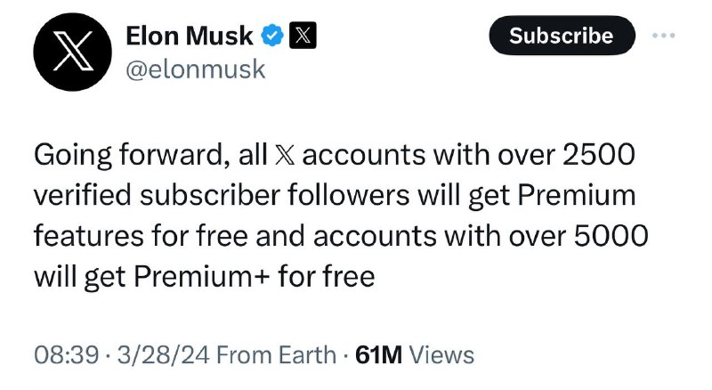 马斯克：所有拥有超过2500名蓝标验证✅(付费订阅)粉丝的X帐户将免费获得Premium相应功能，超过5000名的帐户将免费获得Premium+此前，马斯克决定将Grok AI下放至Premium订阅，因此两者在未来均可使用Grok🗒 标签: #X #Premium📢 频道: @GodlyNews1🤖 投稿: @GodlyNewsBot