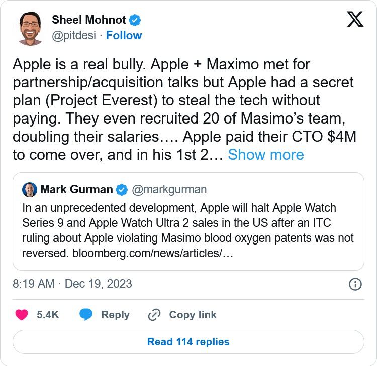 传Masimo CEO花费高达6000万美元试图禁止Apple Watch在美国销售据报道，Masimo 首席执行官斥资 6000 万美元试图禁止 Apple Watch 在美国销售，原因是其专利侵权