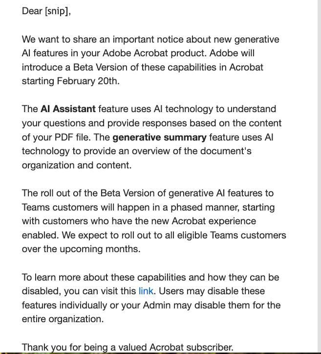 Adobe澄清其应用程序不会为AI自动扫描用户文档Adobe 一直在其Windows 11或 10 应用程序中测试新的人工智能功能，包括能够通过扫描 PDF 生成摘要的人工智能助手