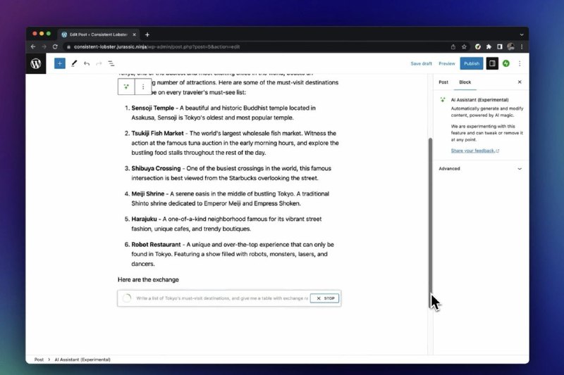 WordPress推出AI写作工具，可以为你写博客文章🗒 标签: #WordPress 📢 频道: @GodlyNews1🤖 投稿: @Godlynewsbot