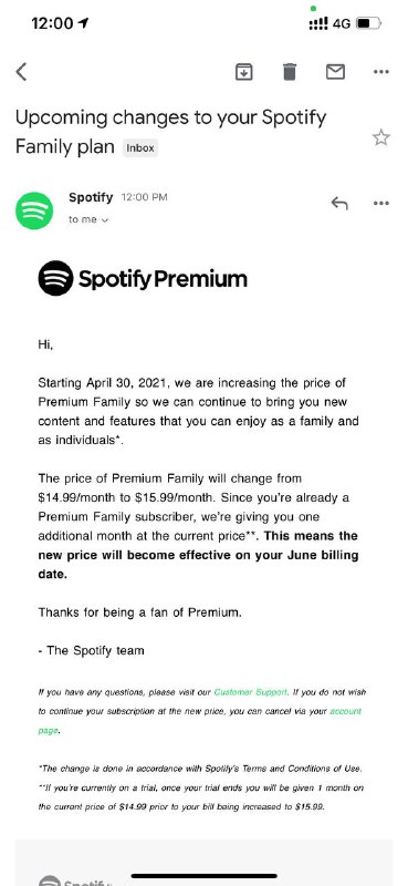 收到邮件…Spotify 美区开始涨价，收到邮件后保留下一个月原价，然后开始按新价格收取.6月开始，家庭组价格由$14.99涨到$15.99更新:这次是多区域涨价台区NT$240->NT$268日区1480日元变为1580日元