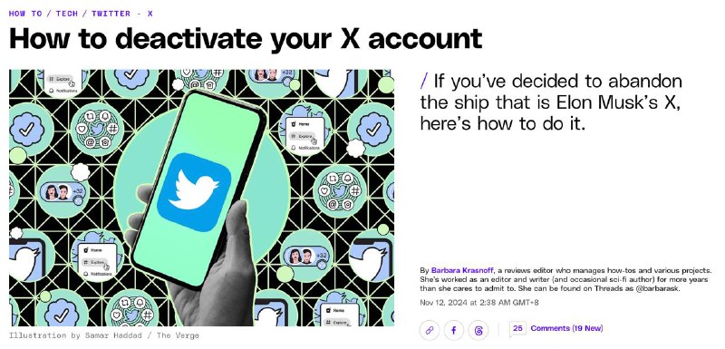 TheVerge教唆大家如何删除他们的𝕏帐号，但是他自己却保留着帐号并且订阅了企业会员此文章的评论区遭到了许多用户嘲讽，并指TheVerge经常针对马斯克和特斯拉公司