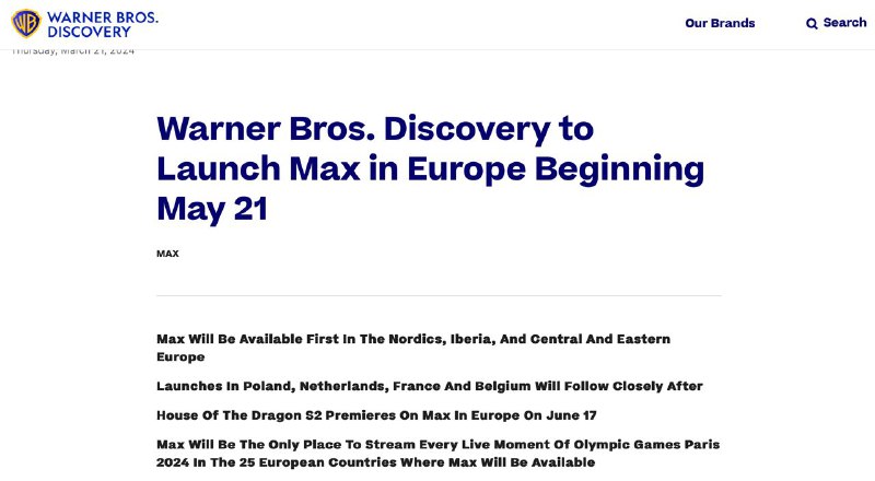 Max已在拥有HBO max的欧洲地区登陆，同时沙丘2（Dune part 2）登陆MAX