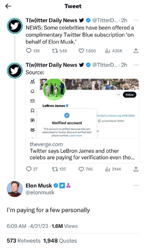 Twitter 取消包括了碧昂斯、Lady Gaga、金·卡戴珊、Justin Bieber 等在内的传统认证账户的蓝勾但是马斯克为部分名人，比如球星詹姆斯”自行垫付”了费用，詹姆斯的长期媒体顾问Adam Mendelsohn也证实詹姆斯没有付钱