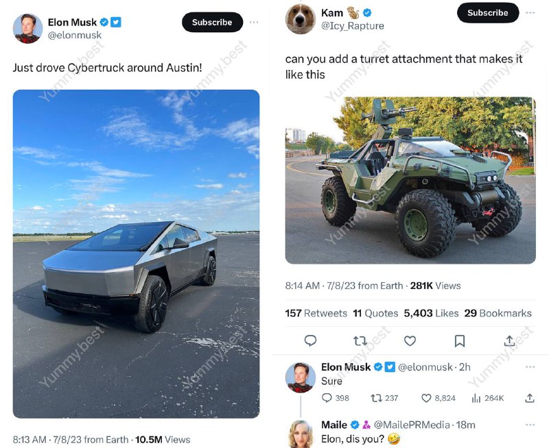 马斯克：刚刚开着Cybertruck在奥斯汀转了一圈！网友：你能加一个炮塔附件让它变成这样吗？马斯克：没问题
