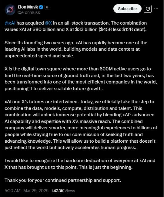 马斯克：xAI全股票收购𝕏 特斯拉CEO马斯克宣称，xAI已经收购社交媒体平台X（原名推特），按全股票交易方式进行