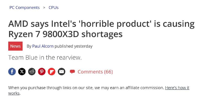 AMD首席架构师: 9800X3D持续短缺，是由于英特尔新产品太弱据tomshardware报道，在美国拉斯维加斯举行的 CES 2025 展会期间的一场小型圆桌会议上，AMD高管回应有关其旗舰游戏优化型旗舰处理器Ryzen 9 9800X3D持续短缺的问题