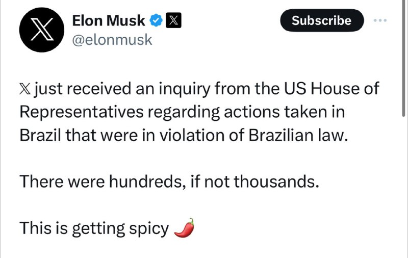 美国国会将调查关于巴西政府强制要求𝕏采取违反巴西法律的行为此前，巴西政府正试图在巴西禁止𝕏 ，在巴西监禁𝕏 的员工，并处以每天2万美元的罚款，因为 Elon Musk和𝕏 拒绝非法审查巴西的记者