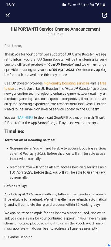 Google Play版的UU加速器即将停运，并推荐用户转到GearUP加速器目前打开在Google Play下载的UU加速器会看到停运的公告，并会推荐下载并使用GearUP加速器