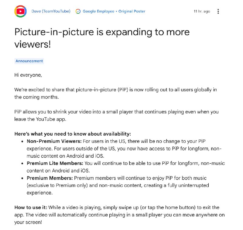 YouTube的画中画（PiP）功能免费向全球Android 和 iOS 用户推出您可能需要更新 YouTube 应用或设备的设置，需要 iOS 15.0 及以上版本• 非Premium会员：在美国的用户，画中画功能体验保持不变