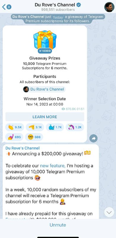 杜洛夫频道正在抽取 10,000 个半年度的Telegram Premium 奖品，价值$20万，11月14日开奖