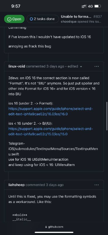 已经有人告诉 Telegram 怎么修复”在iOS 16中无法添加富文本”的问题了，怎么还不上架新版本🤯想加个超连接真麻烦使用TestFlight 版本的群友称，该Bug已被修复！应该离商店版不远了