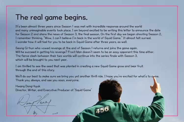 Netflix 确认《鱿鱼游戏3》将在 2025 年正式上线，同时第三季也将是本作的最终季图片为导演兼编剧、执行制片黄东赫特地向观众们发布的一段声明🗒 标签: #Netflix #鱿鱼游戏📢 频道: @GodlyNews1🤖 投稿: @GodlyNewsBot