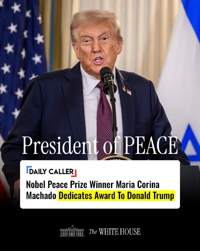 诺贝尔和平奖得主将奖项献给特朗普委内瑞拉反对派领导人、诺贝尔和平奖获得者Maria Corina Machado周五将她的诺贝尔和平奖献给唐纳德·特朗普总统，以表彰他对委内瑞拉反对派事业的“坚定支持”