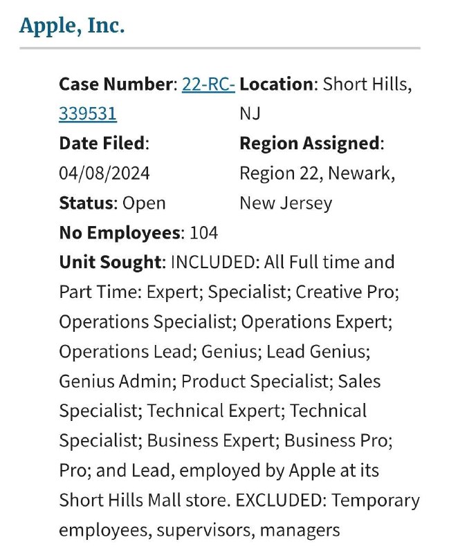 新泽西州的Apple Store员工正在尝试组建工会这次是新泽西州肖特希尔斯的 104 名员工在周二向国家劳工关系委员会（NLRB）提交了组建工会的申请，彭博社早些时候报道了这一消息