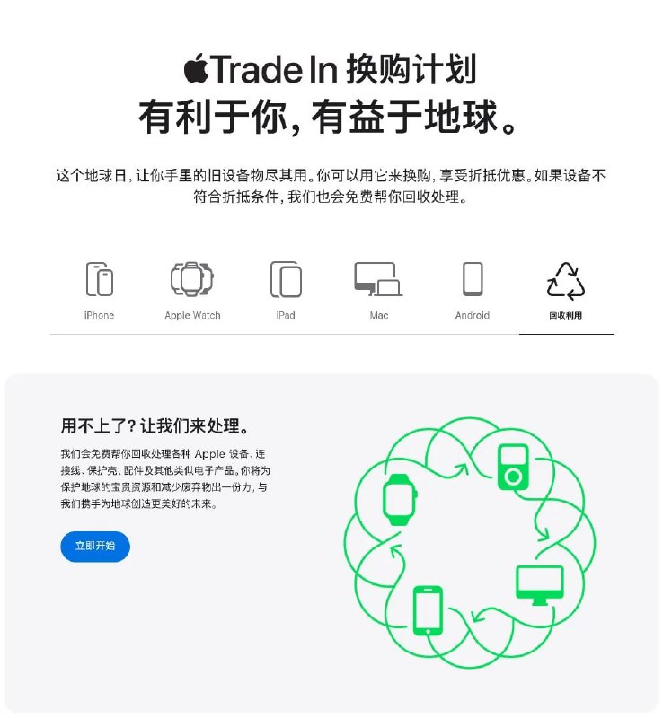 苹果公司为了迎接世界地球日，在其官网更新了 Trade In 换购和“免费回收处理”活动页面，宣传标语为“有利于你，有益于地球”