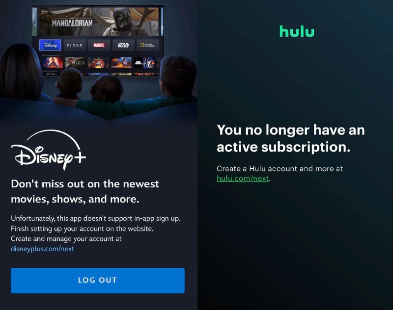 Disney+和 Hulu 不再允许你通过苹果订阅了如果你尝试通过 iOS 应用订阅，Disney Plus 和 Hulu 会把你引导到网页上