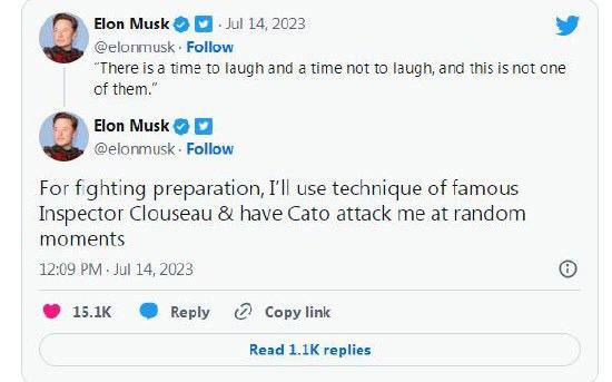 马斯克：为格斗做准备，我要找个人随时攻击我一向不按套路出牌的特斯拉CEO马斯克周五发推称，他打算效仿喜剧电影《粉红豹》中的克鲁索探长，找个人来随机攻击他，以使自己始终保持战斗状态，为迎战扎克伯格做准备