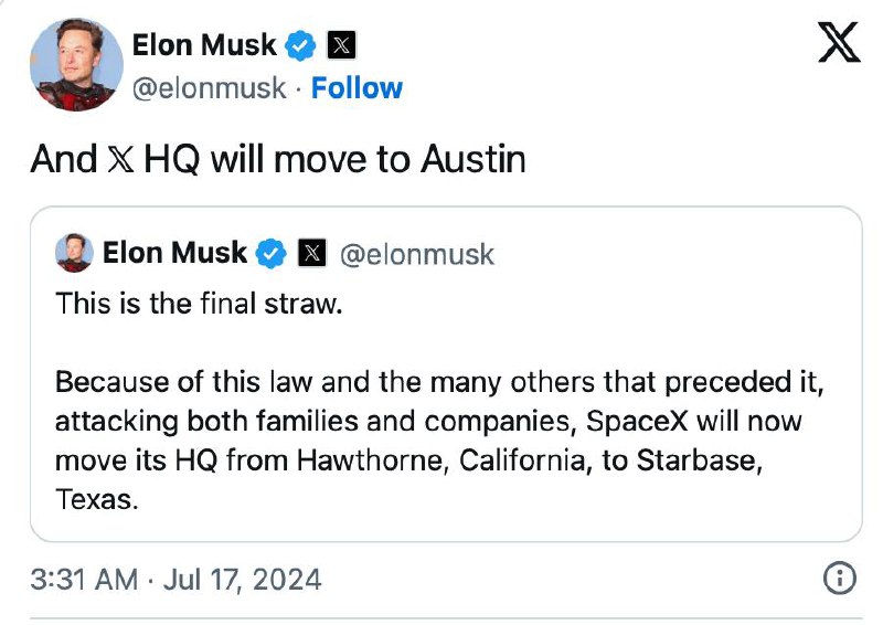 马斯克正在把 X 和 SpaceX 搬到德克萨斯州马斯克表示，他将把 X 和 SpaceX 的总部从加州搬走，因为州长纽森签署了一项为 LGBTQ 学生提供支持的法案，阻止学区在孩子选择不同性别时通知父母