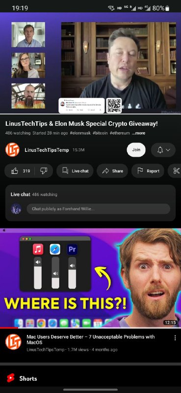 Linus Tech Tips 的 YouTube 频道疑似被黑，频道用户名被更换成了 @TemporaryHandle，目前正在直播和比特币有关的视频会议via Danielbility🗒 标签: #YouTube 📢 频道: @GodlyNews1🤖 投稿: @GodlyNewsBot
