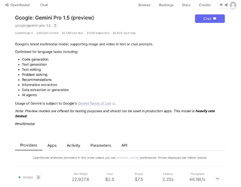 Gemini Pro 1.5的模型现已支持 API 调用（此前仅可通过 Studio使用）PS：openrouter也已经支持了，不过要收费，官方版本应该还是免费的via xiaoxiao cao🗒 标签: #Gemini #Google #AI📢 频道: @GodlyNews1🤖 投稿: @GodlyNewsBot