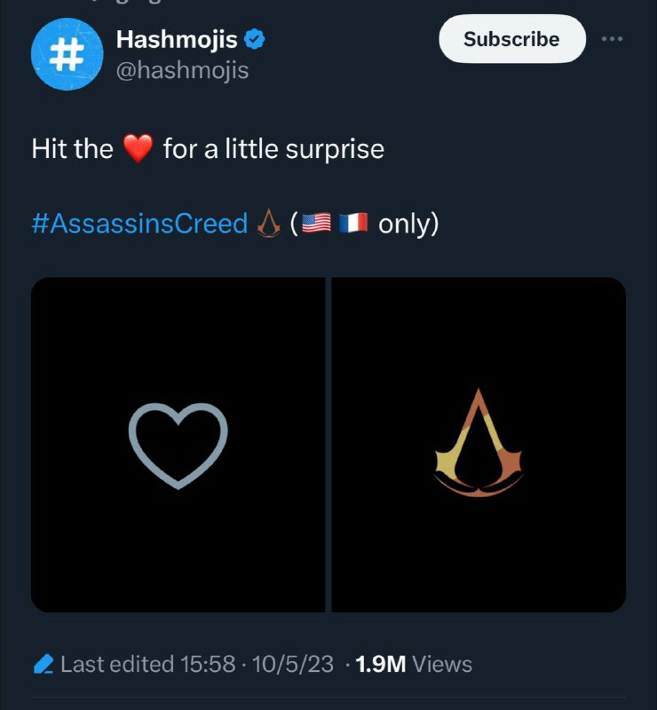美国和法国的Twitter 用户，点赞带 #AssassinsCreed 的推文时，将出现刺客信条特效🗒 标签: #Twitter #X 📢 频道: @GodlyNews1🤖 投稿: @GodlyNewsBot