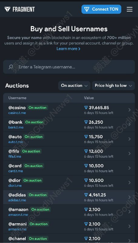 Telegram username 拍卖平台已上线，平台已屏蔽美国IP链接🔗： fragment.com /  通知📢： @fragment 用户名将作为基于 TON 的 NFT 出售